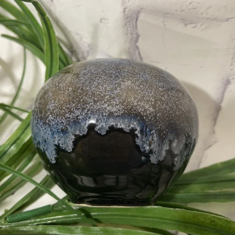 Drip Glaze Ceramic Bud Vase Artist Signed Black & Blue Bulbous Single Stem